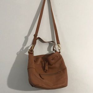 FOSSIL tan leather crossbody bucket bag EUC